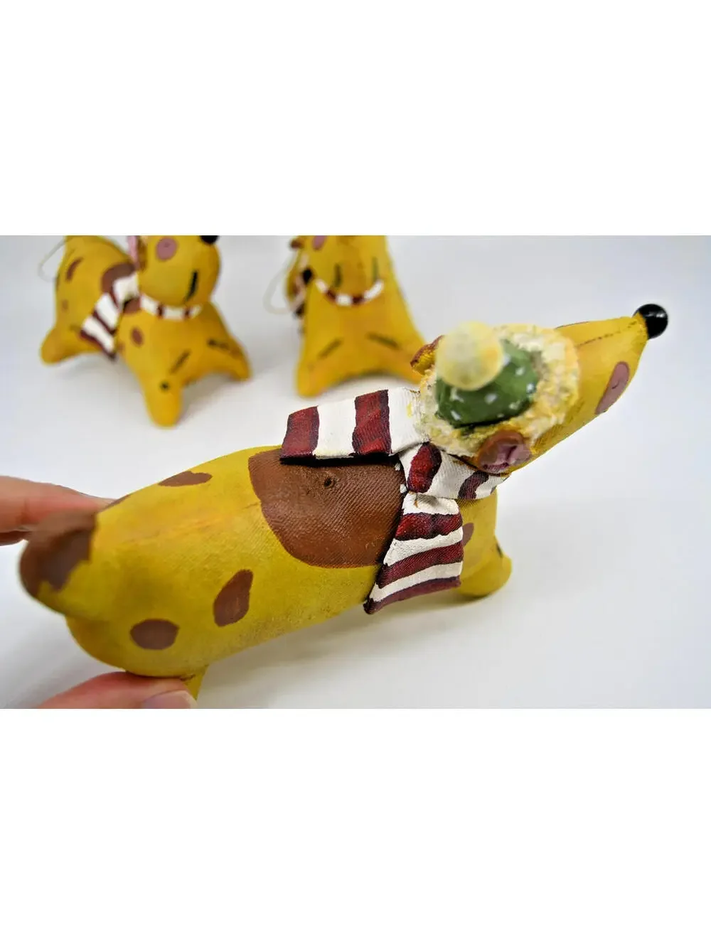 VTG Fabric Mache Christmas Ornament Spotted Dog Pup Scarf Hat Painted Hard Plush